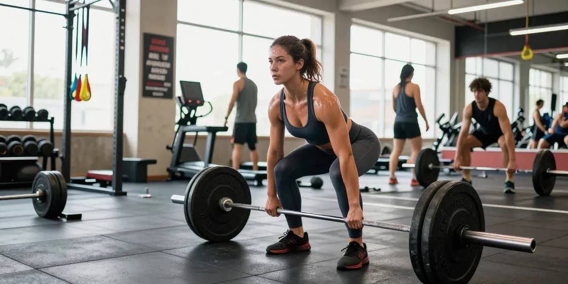 Starke Frau hebt Gewichte in einem modernen Fitnessstudio und repräsentiert Prime Pharma Steroide für effektives Bodybuilding.