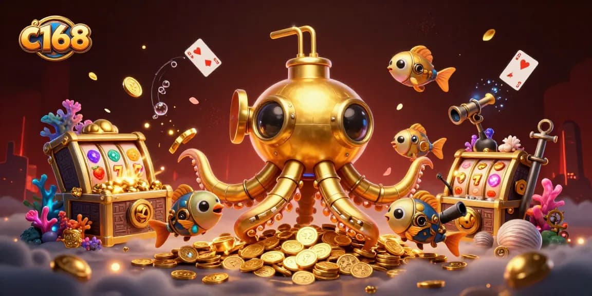 Experience c168's exciting gameplay with a whimsical 3D golden kraken submarine and slot machine elements.