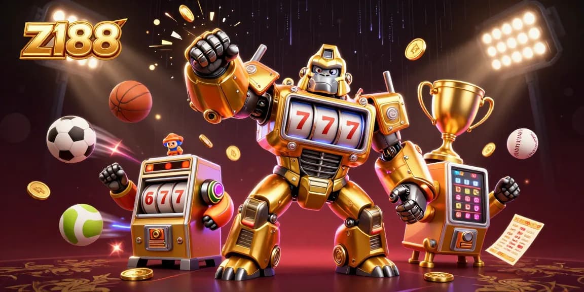 z188 showcases action-packed slots with a robotic gorilla mech and vibrant sports elements.