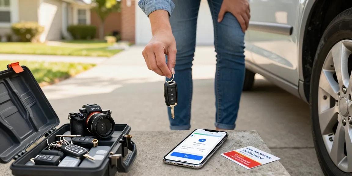 Autoschlüssel verloren: Besorgter Autofahrer sucht nach verlorenen Autoschlüsseln mit Smartphone und verschiedenen Schlüsselarten.