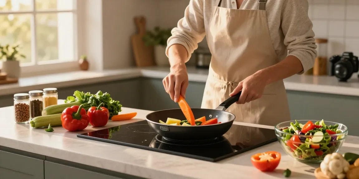 Leckere Gemüse in PTFE freier Pfanne zu Hause mit nachhaltigen Zutaten kochen.