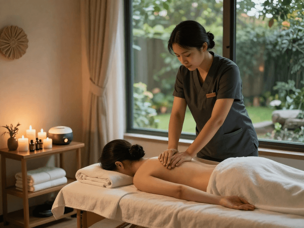 Relaxing 스웨디시출장 massage scene showcasing a professional therapist and tranquil home environment