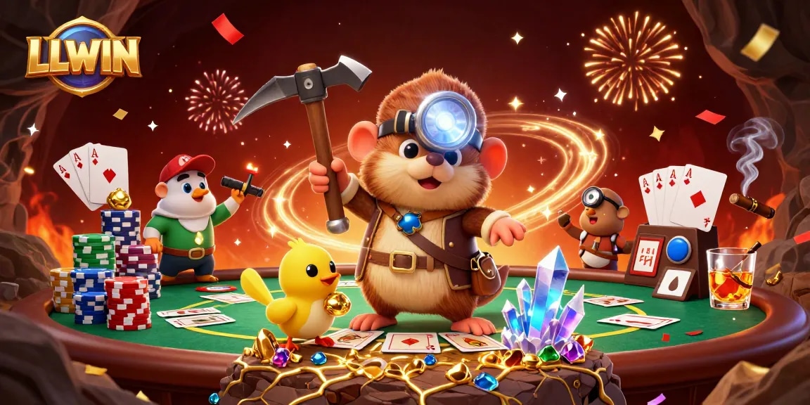 LLWIN's treasure hunter mole and canary seek jackpot gems in a vibrant casino scene.