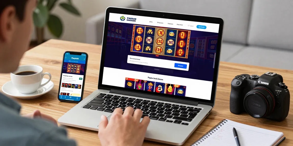 Fesselnde Paysafe Card Casino-Szene mit einem Spieler, der mit einem Online-Casino-Laptop interagiert und die mobile Paysafe-App nutzt.