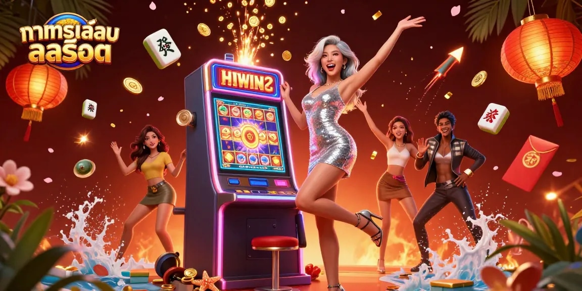 Play ทดลองเล่นสล็อต feature with vibrant casino scene, showcasing jackpot excitement and luxury.