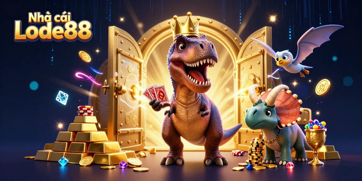 Engage with Nhà cái Lode88 in a vibrant casino scene featuring friendly cartoon dinosaurs.