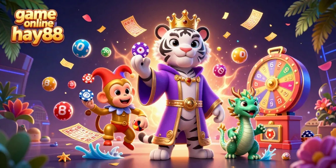 Engage with game online hay88 through vibrant casino-themed illustration featuring characters and dynamic elements.