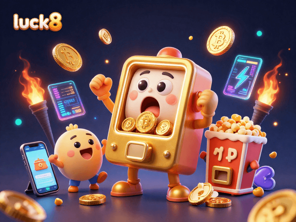 Maximize your luck8 experience with a vibrant jackpot scene showcasing lively slot machines and crypto elements.