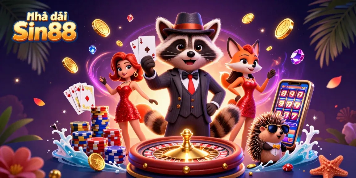 Experience the excitement of Nhà cái Sin88 with a raccoon in a royal flush hand and vibrant casino elements.