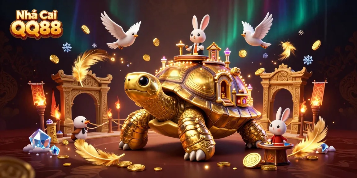 Experience the excitement at Nhà Cái QQ88 with a vibrant 3D casino illustration showcasing golden tortoises and a rabbit dealer.
