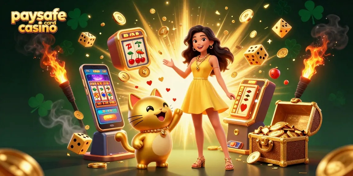 Paysafe Card Casino-Illustration mit einer asiatischen Frau und einer Glückskatze, die mit Münzen und Jackpot-Symbolen feiern.