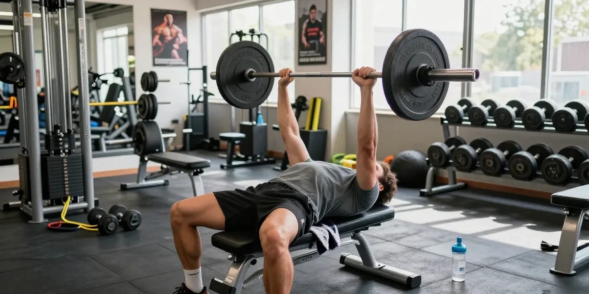 Anabolika Shop: Bodybuilder beim Bankdrücken im Fitnessstudio mit motivierender Atmosphäre.