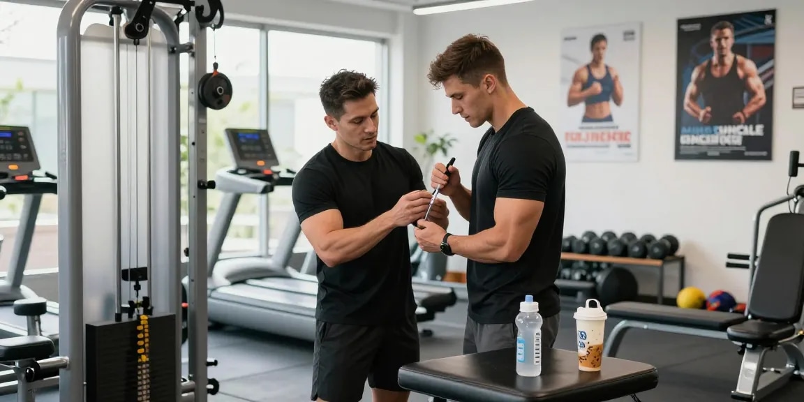 Koi tesamorelin Canada showcased in a dynamic gym scene with an athlete injecting for muscle recovery and health.