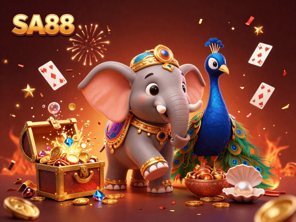 Experience the thrill at SA88 with an exciting casino scene featuring a colorful Diwali-themed elephant, peacock, and festive elements.