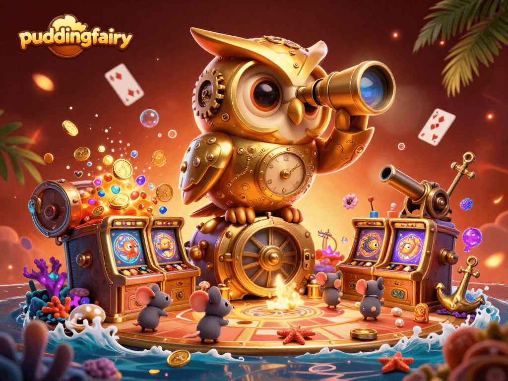 Experience the excitement of puddingfairy with 3D characters playing slots amid gold and gems.