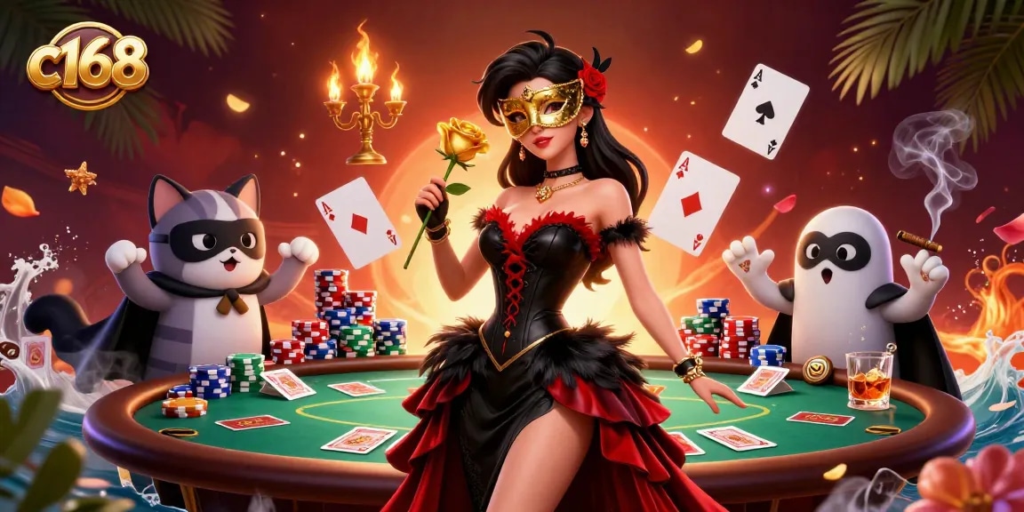 Experience thrilling poker action at c168 with a glamorous woman in a casino setting.