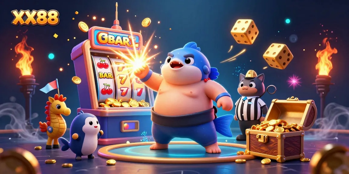 Experience excitement at XX88 with a dynamic underwater casino scene featuring a fugu sumo, catfish referee, and thrilling slot elements.
