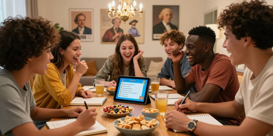 Besucher genießen Quiz Allgemeinwissen in gemütlicher Runde, umgeben von Snacks und Notizen.