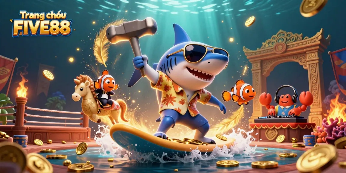 Experience thrilling adventures on Trang chủ FIVE88 with a cartoon shark surfing gold coins in a vibrant casino scene.