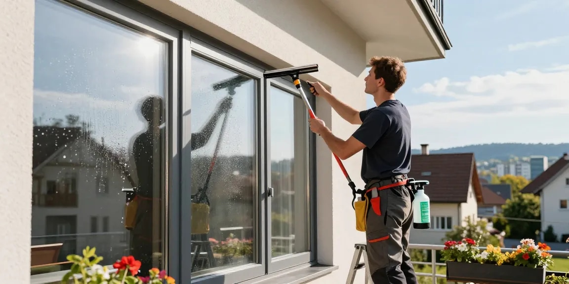 Expert fensterreinigung solothurn demonstrated by a window cleaner using eco-friendly solutions on a bright urban home.