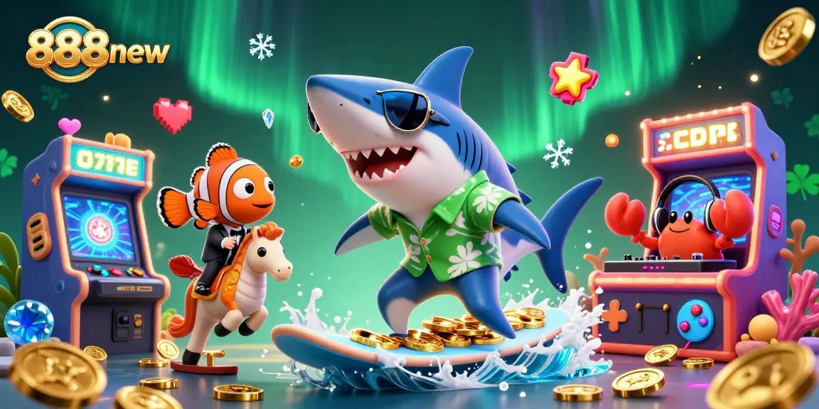 Engage with the vibrant casino world of 888new featuring a unique 3D shark and friends enjoying gold coins.