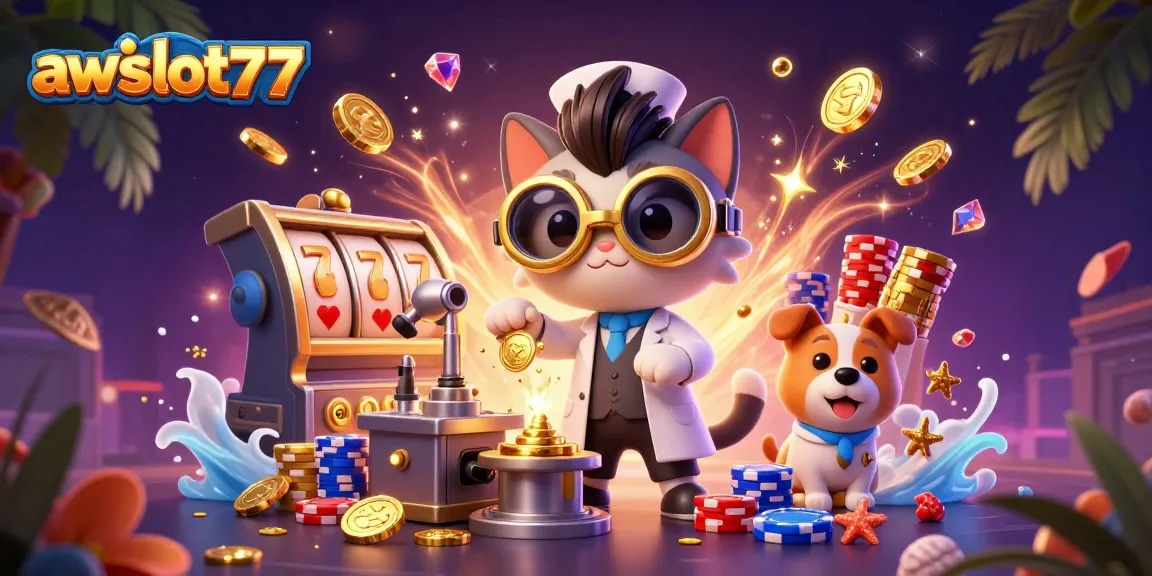 Experience thrilling wins with awslot777's vibrant slot game illustration, featuring animated characters and dynamic gaming elements.