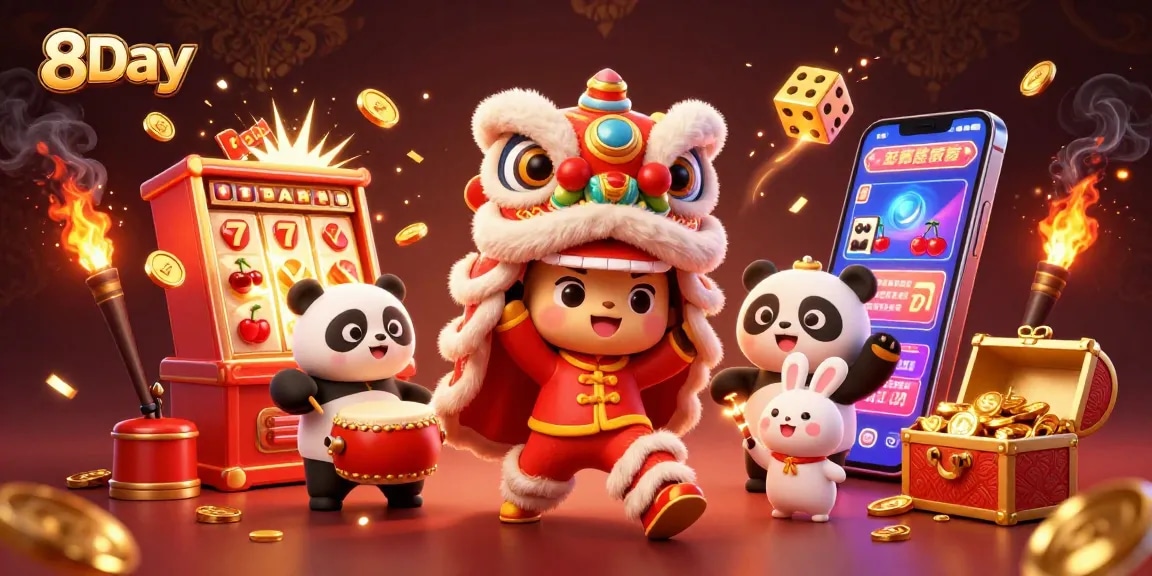Experience the excitement of 8Day gaming with vibrant characters in a dynamic casino scene featuring jackpots.