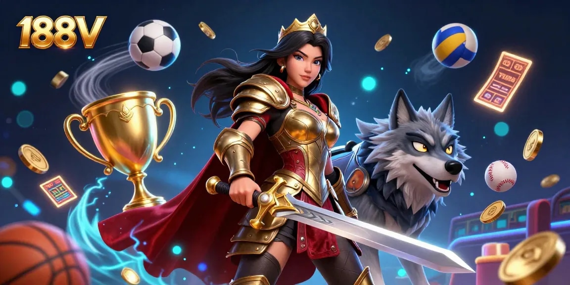 Experience thrilling wins at 188V with a captivating warrior queen and armored wolf in a vibrant casino.