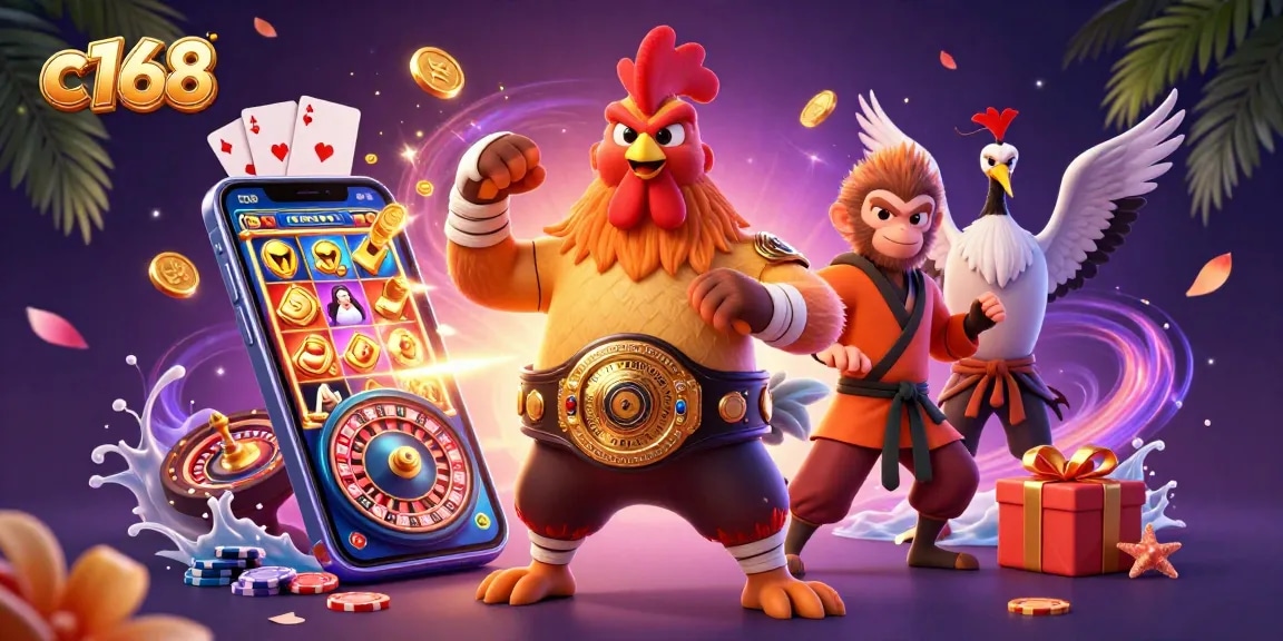 Experience thrilling slot games with c168 as a fierce Muay Thai rooster, Shaolin monkey, and wise crane celebrate winning.