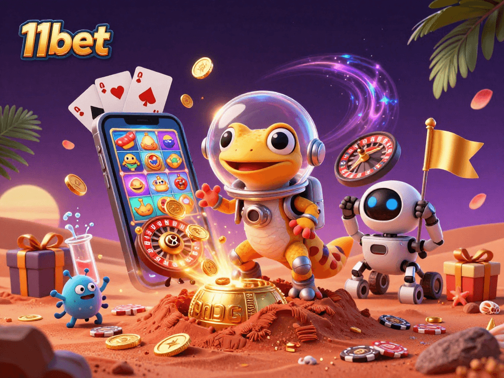 Experience the excitement of 11bet with a Martian gecko discovering a golden casino.