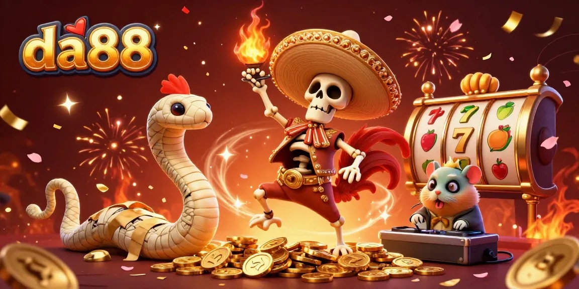 Experience epic wins at da88 with a vibrant 3D casino scene featuring lucky symbols and festive energy.