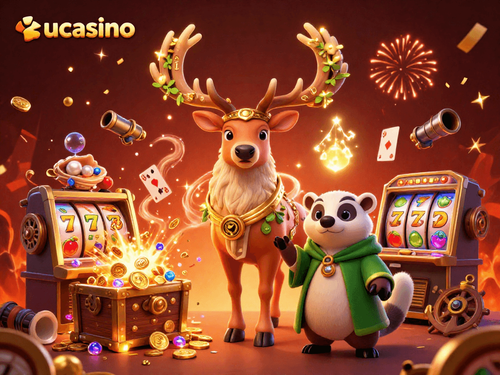 Kucasino immersive online gambling experience with a druid and badger amidst vibrant casino elements.