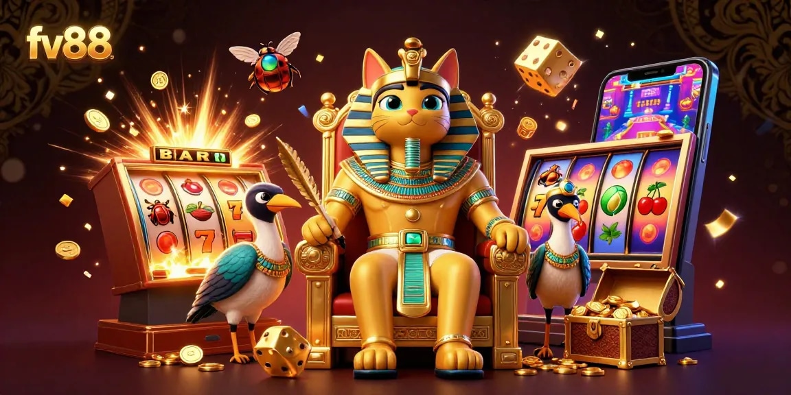 Experience fv88's thrilling world with vibrant slot machines, Egyptian characters, and colorful games.