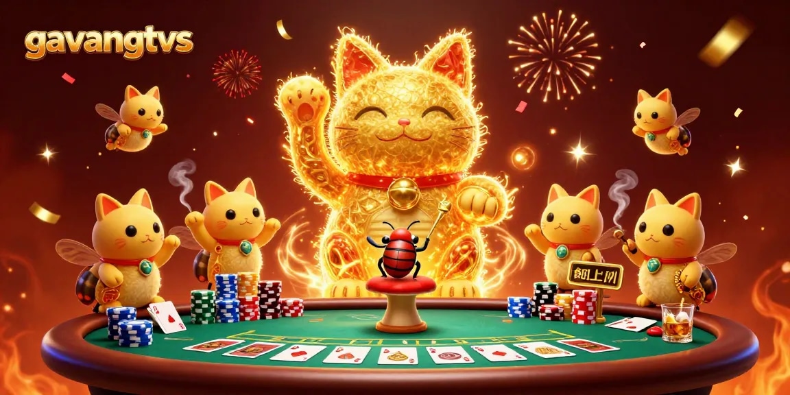 Experience exciting casino action with gavangtvs' animated lucky cat shaped from fireflies and vibrant poker elements.
