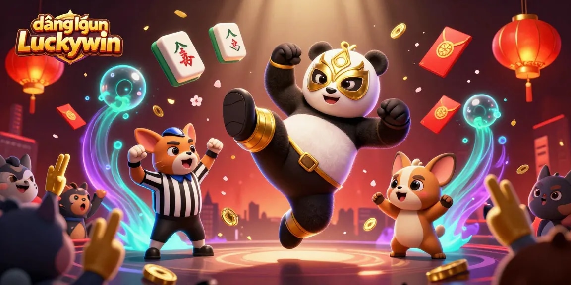 Experience thrilling entertainment with đăng nhập Luckywin as the panda wrestler and lively crowd engage in a dynamic casino scene.