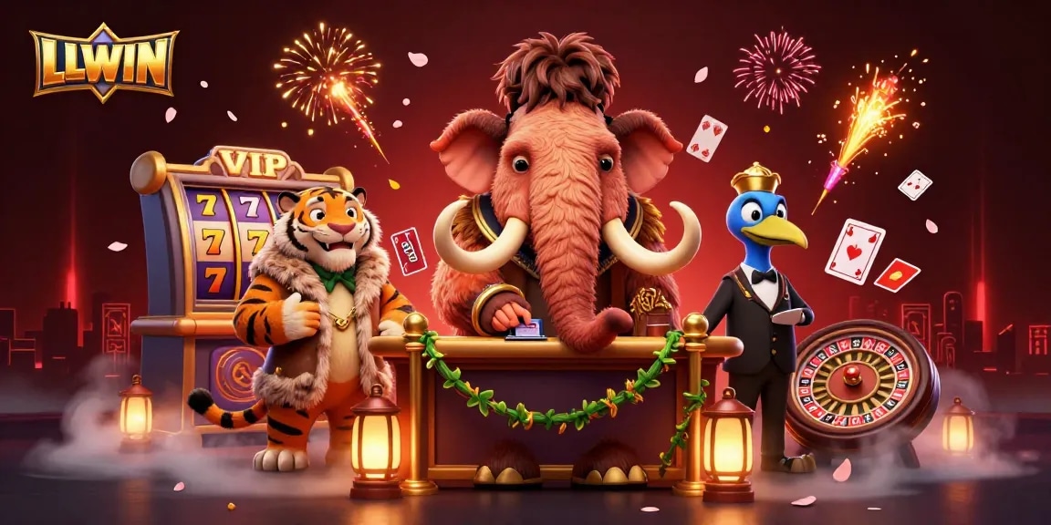 LLWIN casino bouncer checks IDs at door with saber-tooth VIP, surrounded by vibrant slot machines and festive decor.