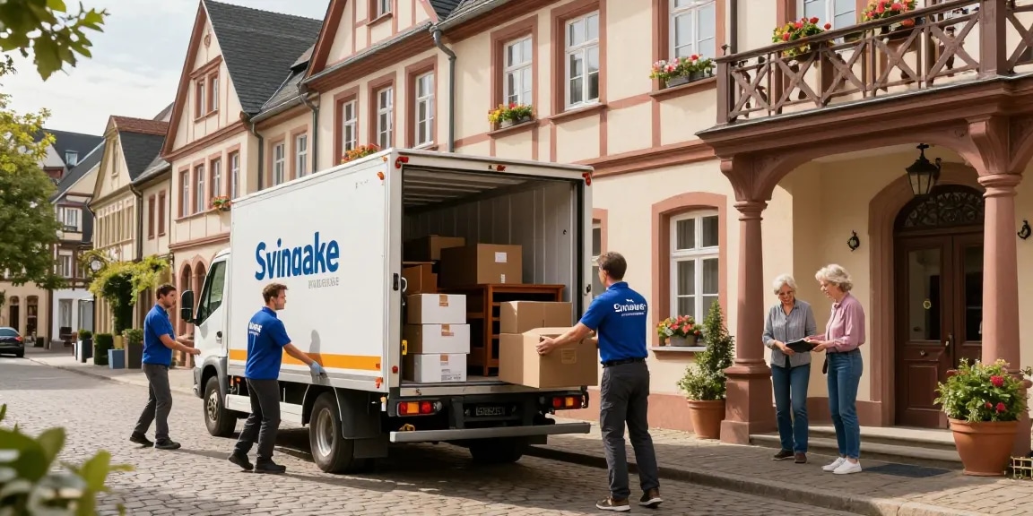Umzugsunternehmen Speyer, professionelle Umzugshelfer laden Möbel in einen Umzugstruck vor historischem Gebäude.
