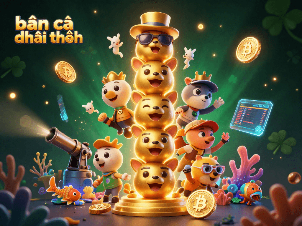 Bắn cá đổi thưởng game illustration showcasing golden totem, sea creatures, and vibrant game elements.