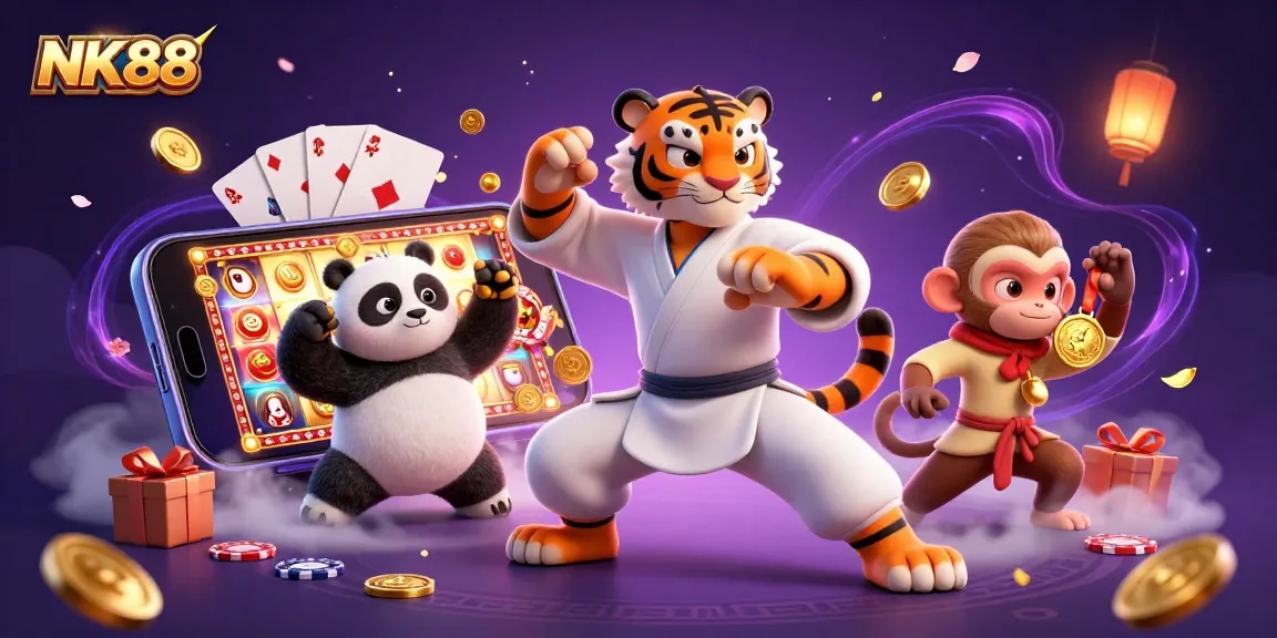 NK88 engages players with vibrant slot games and a playful casino atmosphere in a colorful illustration.