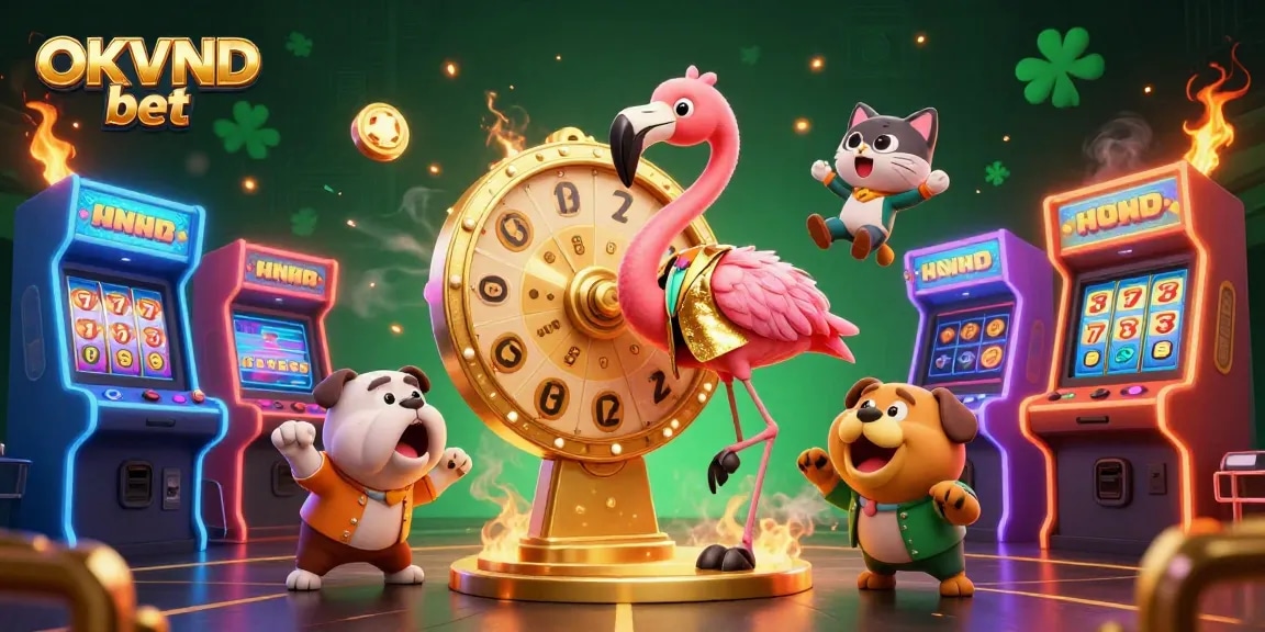 Spin to win with OKVND bet in this vibrant 3D casino-themed illustration featuring exciting prize elements.