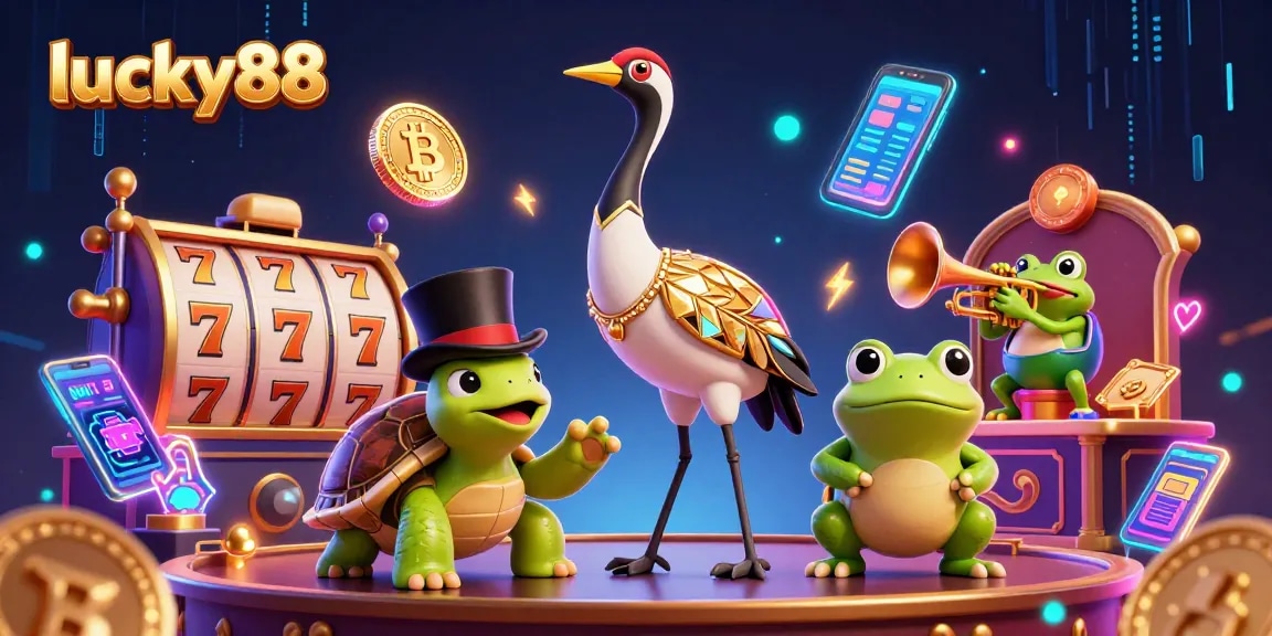 Experience exciting gaming thrills with lucky88 as a vibrant crane, turtle, and frog surround playful slot elements.