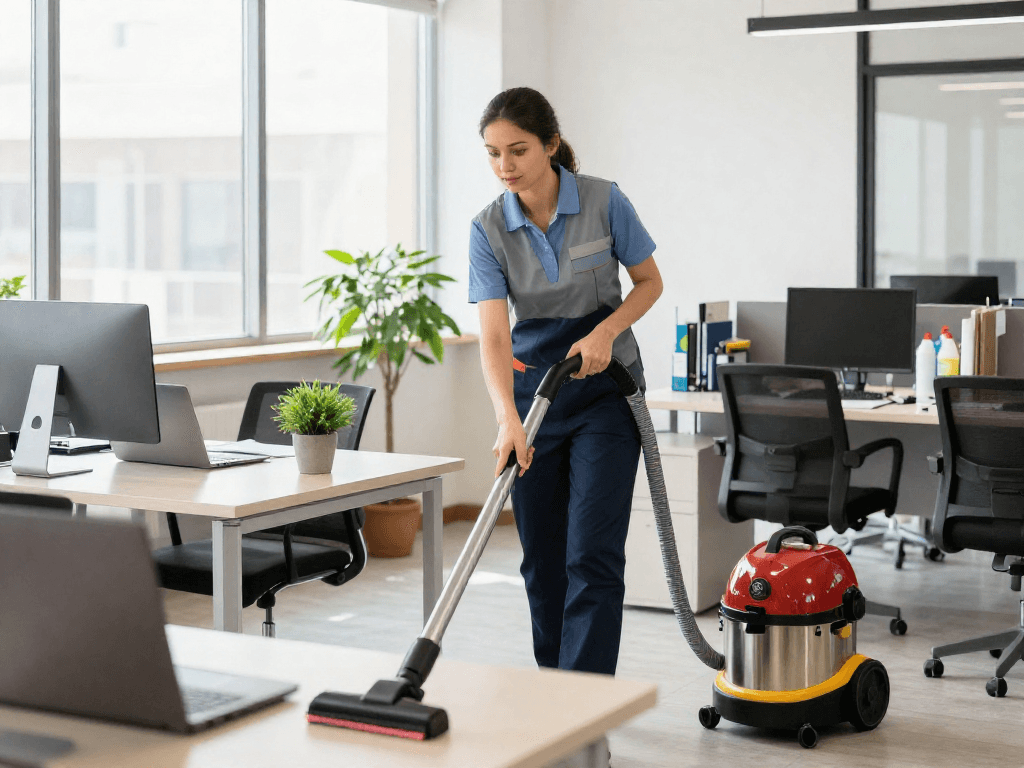 Büroreinigung Göttingen: Professioneller Reinigungsdienst bei der gründlichen Reinigung eines modernen Büros mit natürlichem Licht.