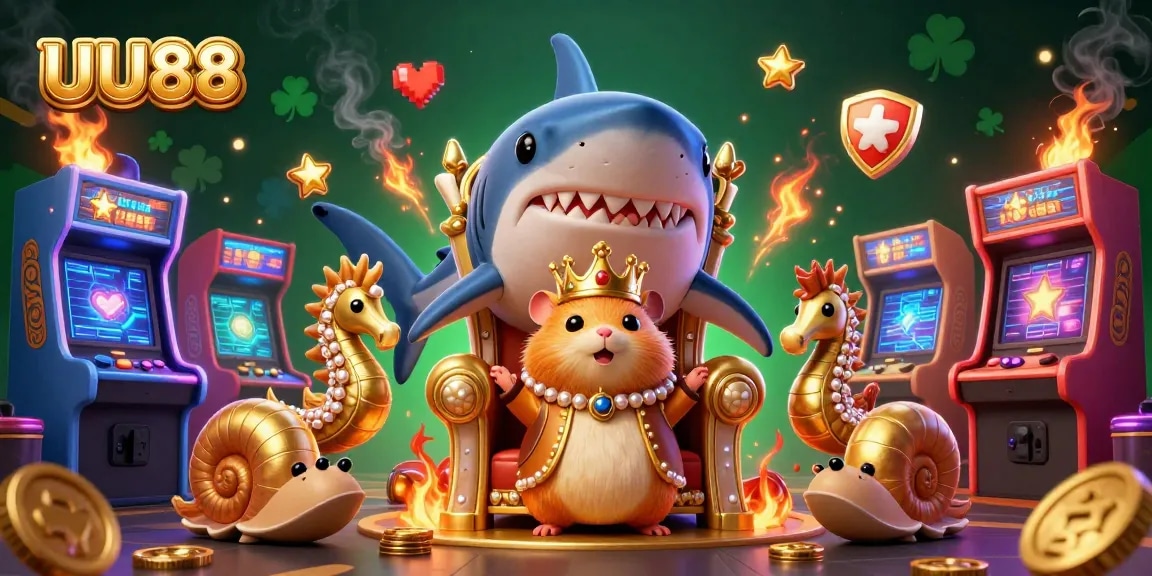 Engage with UU88 through an epic 3D casino scene featuring a hamster king and vibrant game elements.
