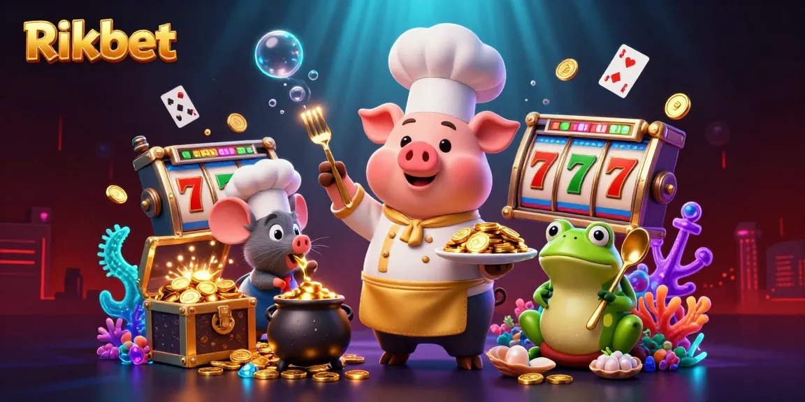 Engage with Rikbet's vibrant gaming scene featuring gold coins, slot reels, and dynamic 3D characters.