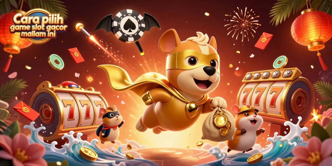 Explore cara pilih game slot gacor malam ini with a cartoon superhero dog and vibrant casino elements.