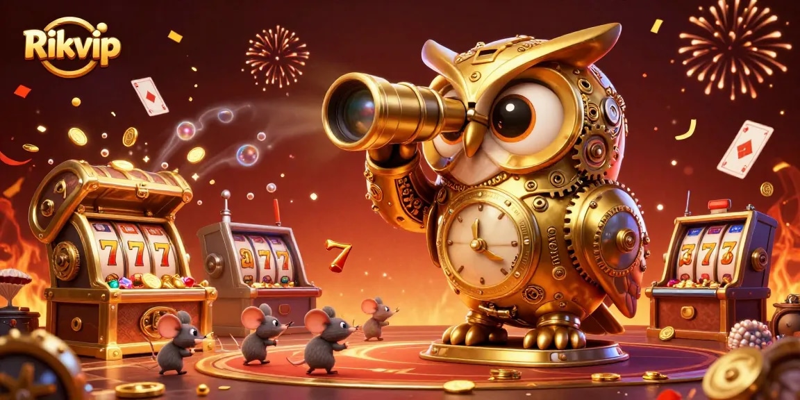 Engage in thrilling casino adventures at Rikvip with animated elements like owl, vintage slot machines, and treasures.