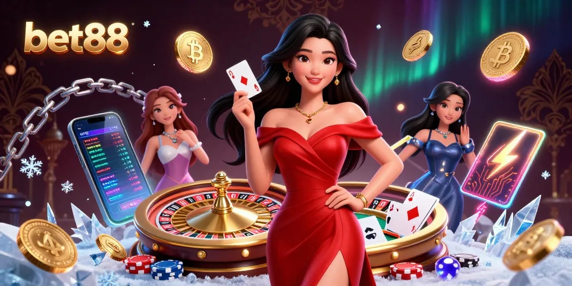 Experience bet88's vibrant casino offerings with a stunning Asian woman holding a golden card.
