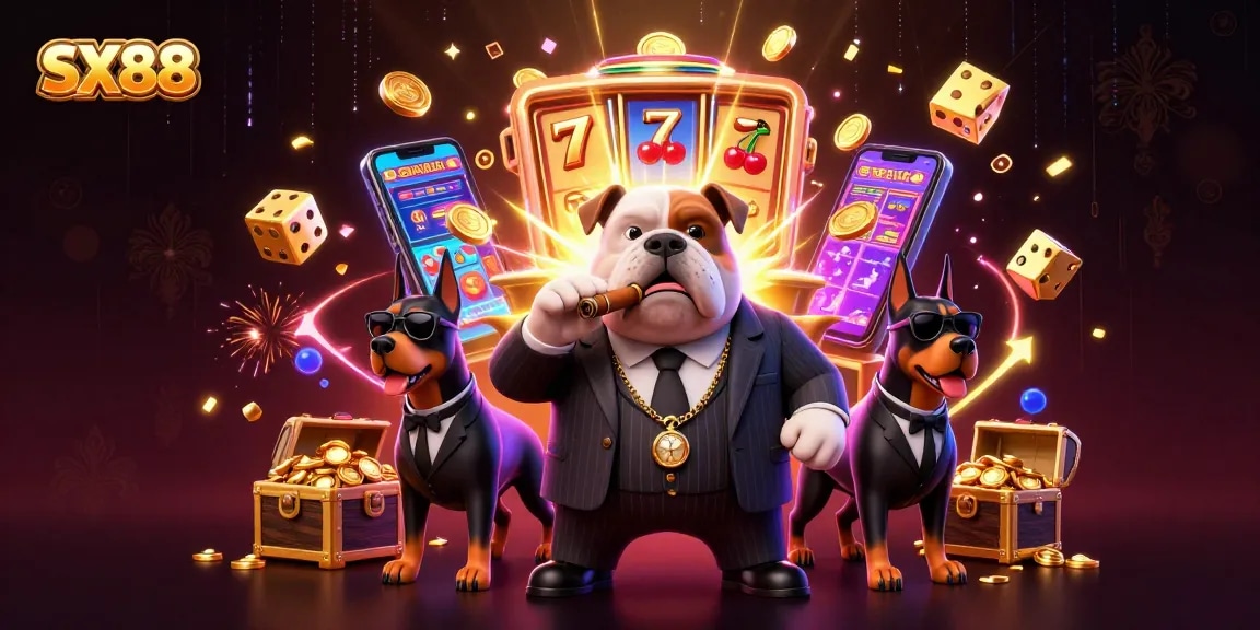 SX88 players winning big at the slots with a cartoon bulldog boss and his crew amid a jackpot explosion.