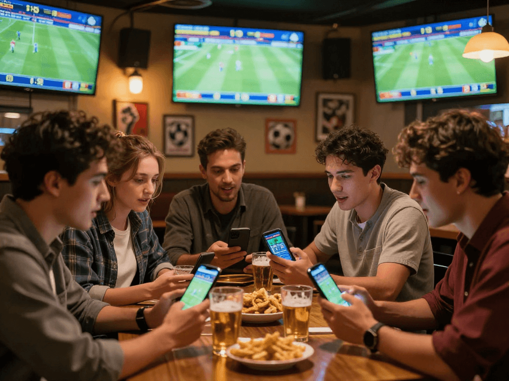 Fussball Wetten Vergleich in einer lebhaften Sportsbar, Freunde diskutieren angeregt über Wettquoten.