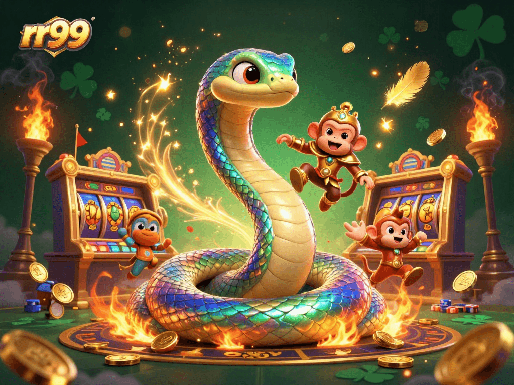Experience rr99 at an immersive casino scene with a vibrant rainbow serpent and thrilling game elements.
